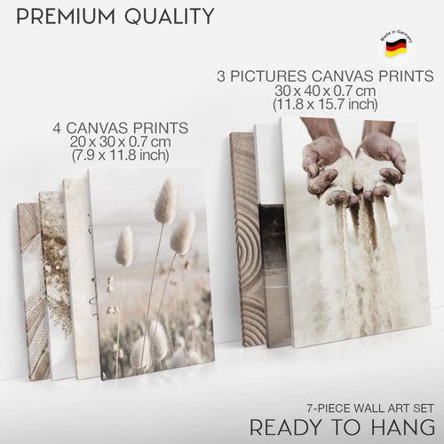 Novart Wandbilder Strand Boho - KOMPLETT AUFHÄNGFERTIG - Beige Wohnzimmer Schlafzimmer - 7 Moderne Mood-Bilder - N028171a