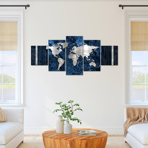 Runa Art - Bilder Weltkarte 200 x 100 cm 5 Teilig XXL Wanddekoration Design Blau 107351b