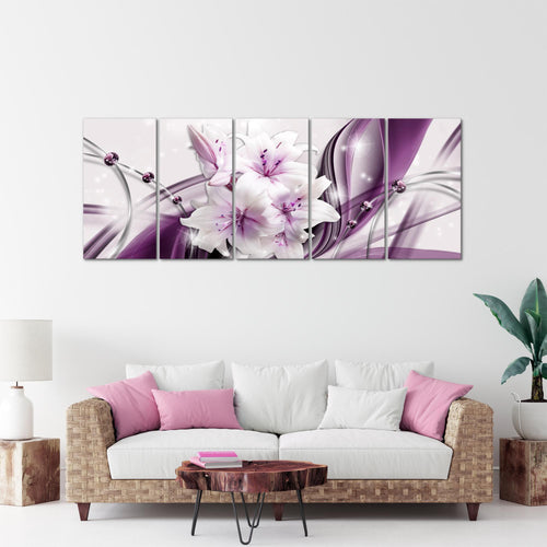 Runa Art Wandbild XXL Blumen Lilien Wohnzimmer Schlafzimmer 200 x 80 cm Lila 5 Teilig - Made in Germany - 017155a