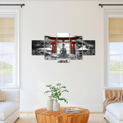 Runa Art Bild Wohnzimmer Schlafzimmer Feng Shui Buddha 5 Teilig Zen Rot Grau Wandbilder auf Vlies Leinwand 036453c