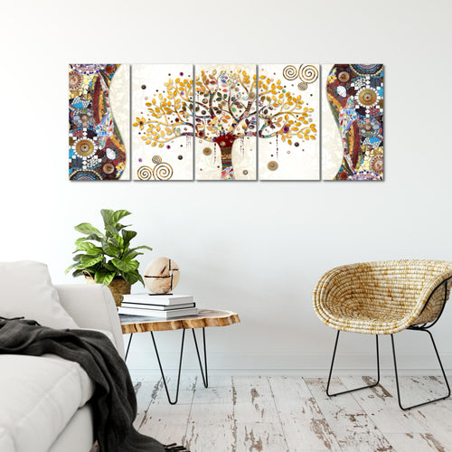 Runa Art Wandbild XXL Gustav Klimt Baum des Lebens Wohnzimmer 200 x 80 cm Bunt 5 Teilig - Made in Germany - 004655a