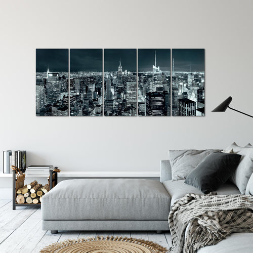 Runa Art Wandbild XXL New York Skyline Wohnzimmer Büro 200 x 80 cm Türkis Blau 5 Teilig - Made in Germany - 036255b