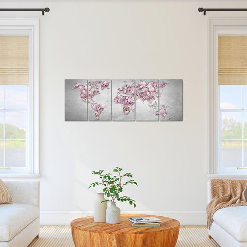 Runa Art Bild Weltkarte Blumen Wandbilder auf Vlies Leinwand 5 Teilig Wanddekoration Wohnzimmer Schlafzimmer 023256a