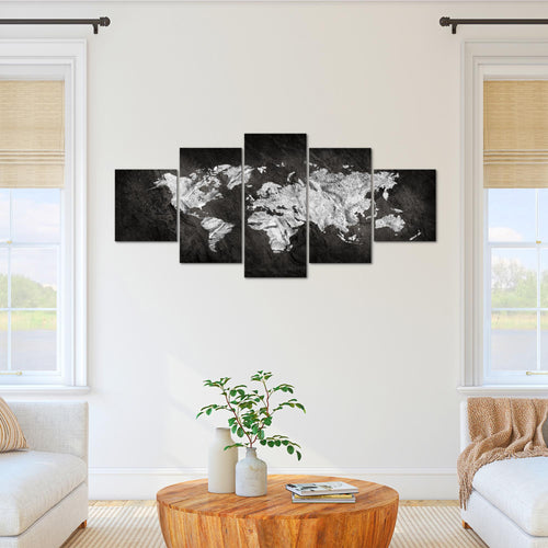 Runa Art - Bilder Weltkarte 200 x 100 cm 5 Teilig XXL Wanddekoration Design Schwarz Weiss 002951a