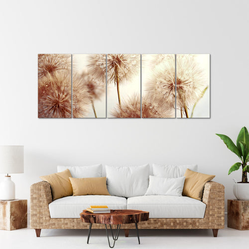 Runa Art Wandbild XXL Blumen Pusteblumen Wohnzimmer Schlafzimmer 200 x 80 cm Beige 5 Teilig - Made in Germany - 042055b
