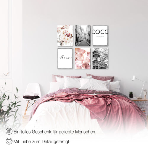 Novart Wandbilder - KEIN EXTRA RAHMEN BENÖTIGT - Wohnzimmer Mädchen Teenager - Bilder Modern Paris - Rosa Blumen - N004965a