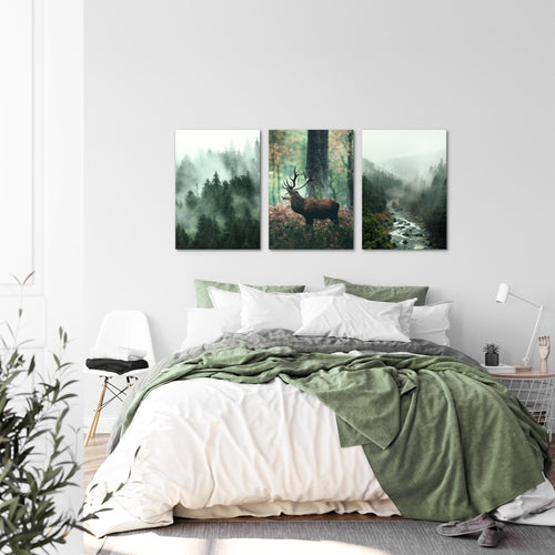 Novart Bilder Set Landschaft - KEIN EXTRA RAHMEN BENÖTIGT - Wandbilder für Wohnzimmer Schlafzimmer Büro - 3 Teilig Deko Waldlandschaft - N004636a