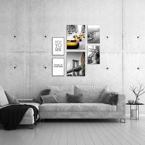 Novart Wandbilder Set New York City Taxi Gelb Grau - KEIN EXTRA RAHMEN BENÖTIGT -  Modern Deko  - Wohnzimmer Schlafzimmer N006363a
