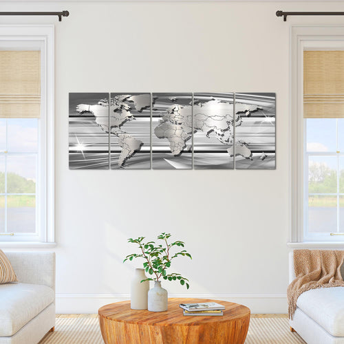 Runa Art Wandbild XXL Weltkarte Büro Wohnzimmer 200 x 80 cm Grau 5 Teilig - Made in Germany - 107955b