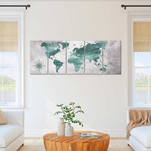 Runa Art Wandbild XXL Weltkarte Büro Wohnzimmer 200 x 80 cm Grün Grau 5 Teilig - Made in Germany - 026055c