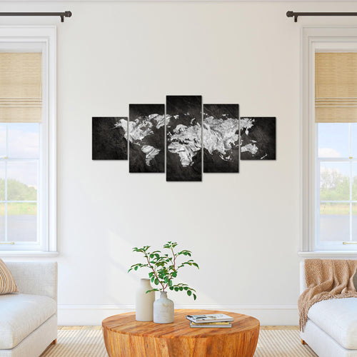 Runa Art Bild Büro Wohnzimmer Weltkarte 5 Teilig Kontinente Schwarz Weiss Wandbilder auf Vlies Leinwand 002953a