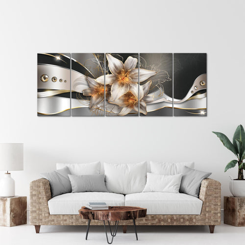 Runa Art Wandbild XXL Blumen Lilien Wohnzimmer Schlafzimmer 200 x 80 cm Gelb Gold 5 Teilig - Made in Germany - 039655a