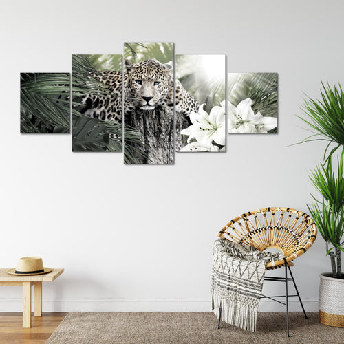 Runa Art - Bilder Afrika Leopard 200 x 100 cm 5 Teilig XXL Wanddekoration Design Schwarz Weiss 006751c