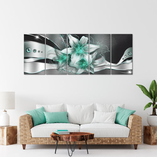 Runa Art Wandbild XXL Blumen Lilien Wohnzimmer Schlafzimmer 200 x 80 cm Schwarz Türkis 5 Teilig - Made in Germany - 039655b