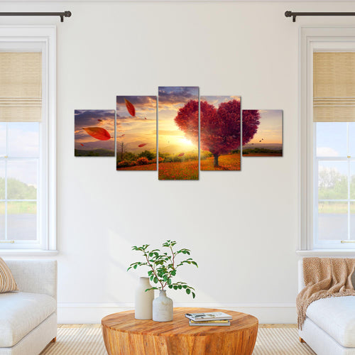 Runa Art - Bilder Herbst Baum Herz 200 x 100 cm 5 Teilig XXL Wanddekoration Design Rot Blau 605851a