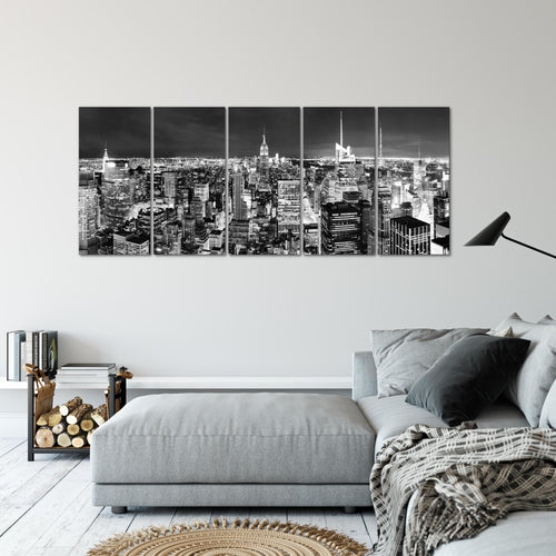 Runa Art Wandbild XXL New York Skyline Wohnzimmer Büro 200 x 80 cm Schwarz Weiss 5 Teilig - Made in Germany - 036255c