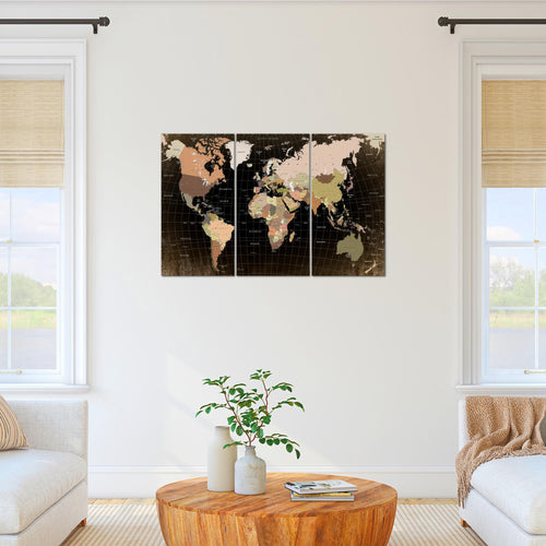 Runa Art Wandbilder Weltkarte Bild XXL Büro Wohnzimmer Schwarz Braun Kontinente 120 x 80 cm 3 Teilig 023331a