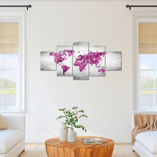 Runa Art Bild Büro Wohnzimmer Weltkarte 5 Teilig Vintage Rosa Grau Wandbilder auf Vlies Leinwand 013353c