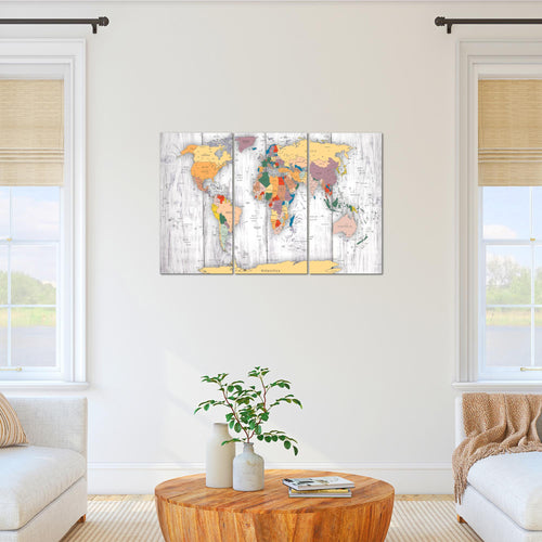Runa Art Wandbilder Weltkarte Holz Bild XXL Büro Wohnzimmer Weiss Kontinente 120 x 80 cm 3 Teilig 108731c