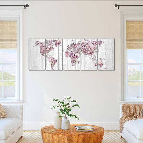 Runa Art Wandbild XXL Weltkarte Blumen Wohnzimmer Schlafzimmer 200 x 80 cm Grau Rosa 5 Teilig - Made in Germany - 023255b