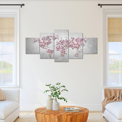 Runa Art - Bilder Weltkarte Blumen 200 x 100 cm 5 Teilig XXL Wanddekoration Design Grau Rosa 023251a