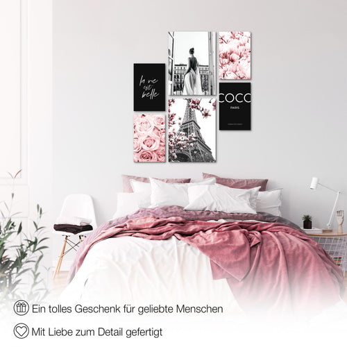 Novart Wandbilder Set Fashion Paris Rosa - KEIN EXTRA RAHMEN BENÖTIGT -  Modern Deko  - Wohnzimmer Mädchen Teenager N008363a