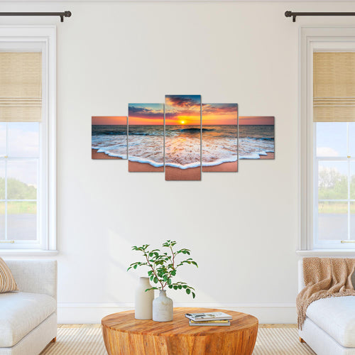 Runa Art Bild Wohnzimmer Schlafzimmer Strand Meer 5 Teilig Sonnenuntergang Orange Wandbilder auf Vlies Leinwand 044553a