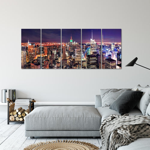 Runa Art Wandbild XXL New York Skyline Wohnzimmer Büro 200 x 80 cm Violett Lila 5 Teilig - Made in Germany - 036255a