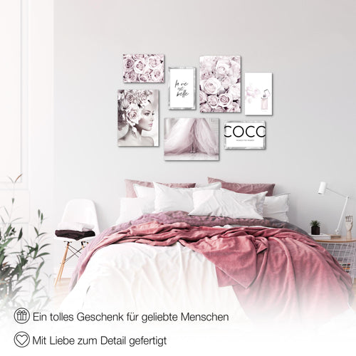 Novart Wandbilder Coco Fashion - KOMPLETT AUFHÄNGFERTIG - Grau Rosa Wohnzimmer Mädchen Teenager - 7 Moderne Mood-Bilder - N000771a