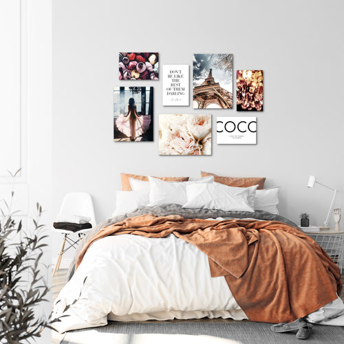 Novart Wandbilder Fashion Paris - KOMPLETT AUFHÄNGFERTIG - Coco Wohnzimmer Mädchen Teenager - 7 Moderne Mood-Bilder - N008271a