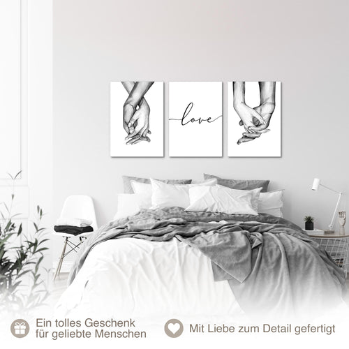 Novart Bilder Set Love - KEIN EXTRA RAHMEN BENÖTIGT - Wandbilder für Wohnzimmer Schlafzimmer Büro - 3 Teilig Deko Hände - N037336a