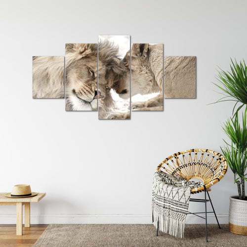 Runa Art Bild Wohnzimmer Schlafzimmer Löwen Liebe 5 Teilig Löwe und Löwin Beige Wandbilder auf Vlies Leinwand 002153b