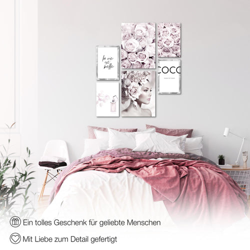 Novart Wandbilder Set Coco Fashion Grau Rosa - KEIN EXTRA RAHMEN BENÖTIGT -  Modern Deko  - Wohnzimmer Mädchen Teenager N000763a