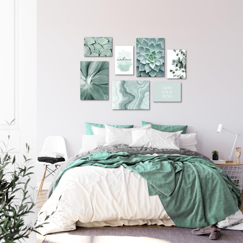 Novart Wandbilder Grüne Blätter - KOMPLETT AUFHÄNGFERTIG - Natur Wohnzimmer Schlafzimmer - 7 Moderne Mood-Bilder - N027471a