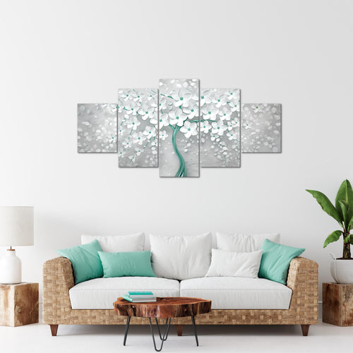 Runa Art Bild Wohnzimmer Schlafzimmer Blumen 5 Teilig Abstrakt Baum Weiss Türkis Wandbilder auf Vlies Leinwand 039753b