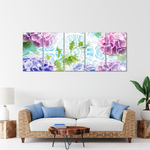 Runa Art Wandbild XXL Blumen Hortensien Wohnzimmer Schlafzimmer 200 x 80 cm Bunt 5 Teilig - Made in Germany - 017555b