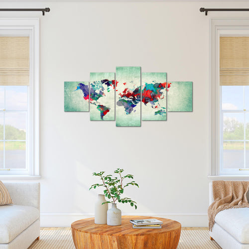 Runa Art Bild Büro Wohnzimmer Weltkarte 5 Teilig Kontinente Bunt Grün Wandbilder auf Vlies Leinwand 105153b