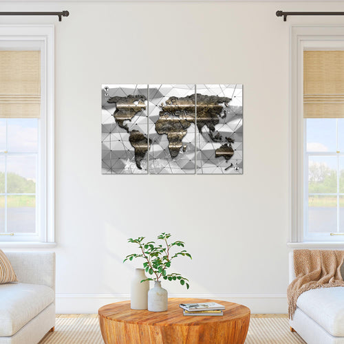 Runa Art Wandbilder Weltkarte Bild XXL Büro Wohnzimmer Grau 3D Effekt 120 x 80 cm 3 Teilig 005231c