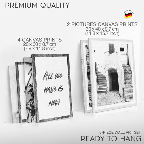 Novart Wandbilder Set Alte Stadt Palmen Schwarz Weiss - KEIN EXTRA RAHMEN BENÖTIGT -  Modern Deko  - Wohnzimmer Schlafzimmer N015063a