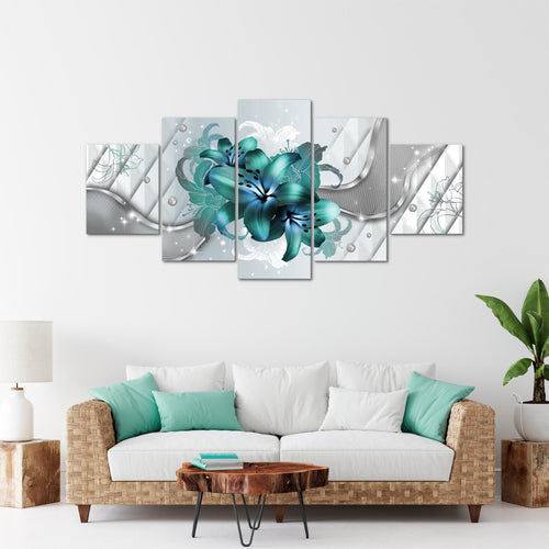 Runa Art - Bilder Blumen Lilien 200 x 100 cm 5 Teilig XXL Wanddekoration Design Türkis 017351a