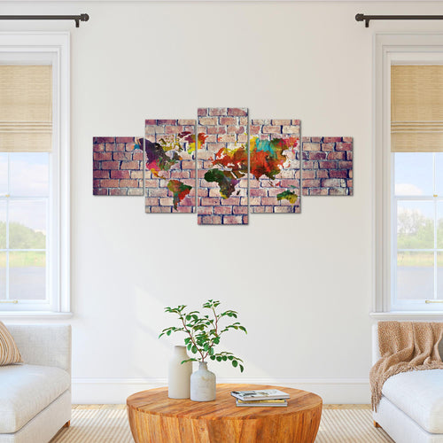 Runa Art - Bilder Weltkarte 200 x 100 cm 5 Teilig XXL Wanddekoration Design Rot Bunt 106951c