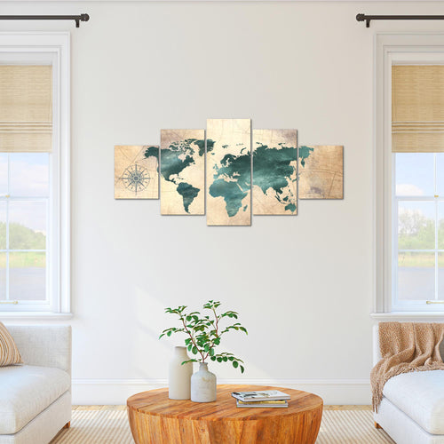 Runa Art Bild Büro Wohnzimmer Weltkarte 5 Teilig Antik Grün braun Wandbilder auf Vlies Leinwand 026053a