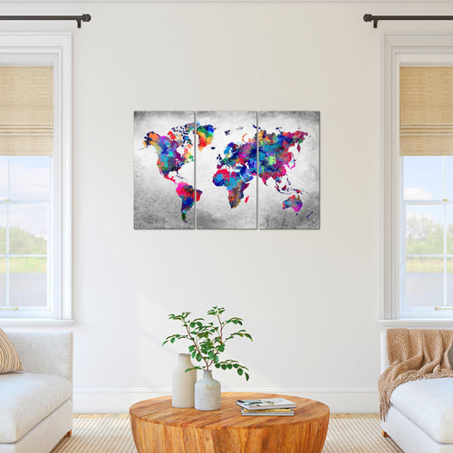 Runa Art Wandbilder Weltkarte Bild XXL Büro Wohnzimmer Bunt Vintage Kontinente 120 x 80 cm 3 Teilig 013331b