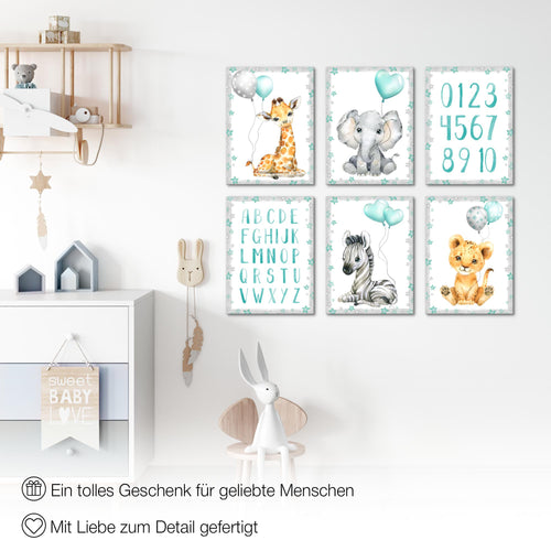 Novart Wandbilder - KEIN EXTRA RAHMEN BENÖTIGT - Kinderzimmer Mädchen Junge - Bilder Modern Tiere - Afrika Blau - N016665b