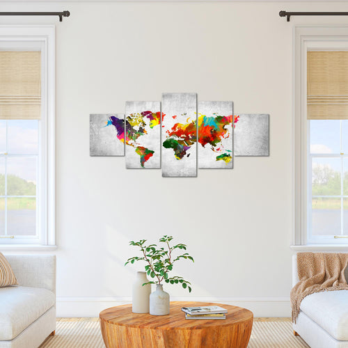 Runa Art Bild Büro Wohnzimmer Weltkarte 5 Teilig Landkarte Beton Bunt Wandbilder auf Vlies Leinwand 105153c
