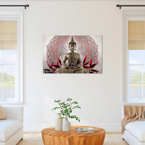 Runa Art Wandbilder Buddha Bild XXL Wohnzimmer Schlafzimmer Grau Rot Orientalisch 120 x 80 cm 3 Teilig 031231a