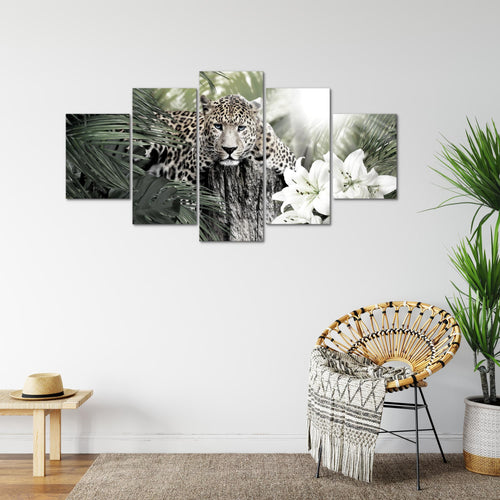 Runa Art Bild Wohnzimmer Schlafzimmer Afrika Leopard 5 Teilig Tiere Schwarz Weiss Wandbilder auf Vlies Leinwand 006753c