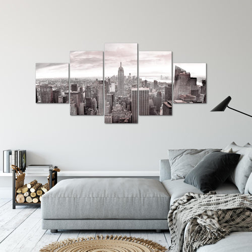 Runa Art - Bilder New York Skyline 200 x 100 cm 5 Teilig XXL Wanddekoration Design Grau Rosa 010251b