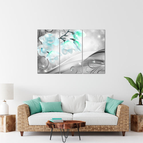 Runa Art Wandbilder Blumen Abstrakt Bild XXL Wohnzimmer Schlafzimmer Grau Türkis Diamant 120 x 80 cm 3 Teilig 035331c