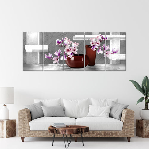 Runa Art Wandbild XXL Blumen Abstrakt Wohnzimmer Schlafzimmer 200 x 80 cm Grau Rosa 5 Teilig - Made in Germany - 035255c